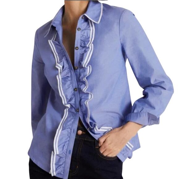 Boden Tops - Boden Chambray Ruffled long sleeve blouse blue Sz 6 Preppy Cottagecore Coquette